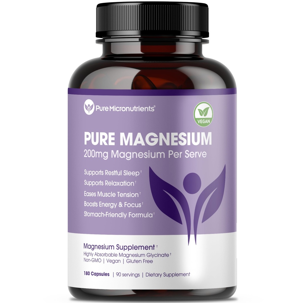 Supplément au Glycinat de magnésium pur – Magnésium chélaté hautement absorbant pour soutenir la santé du sommeil, des muscles et des nerfs, l'énergie, la relaxation et la santé des os – 200mg par portion, 180 capsules