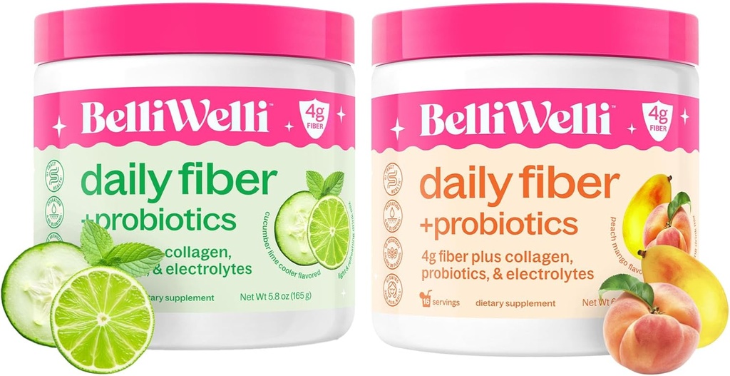 Dagelijkse vezelsupplement bundel met collageen, probiotica, elektrolyten en hydratatie ondersteuning - komkommer lime munt & perzik Mango smaken - bevordert spijsvertering, huid gezondheid, Gut Balance - 32 porties