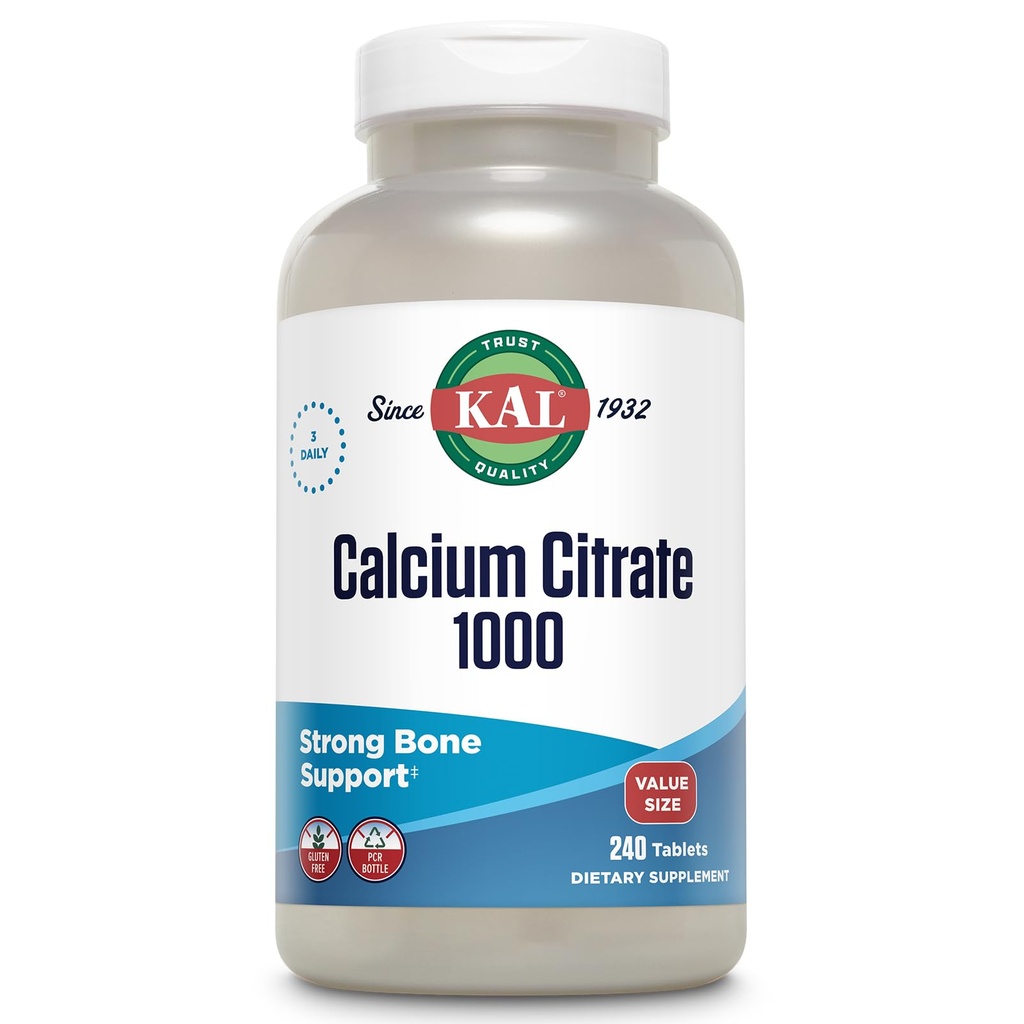 KAL Calcium citraat 1000mg, calciumsupplementen voor vrouwen en mannen, botgezondheid, tanden, nerveuze, spier- en cardiovasculaire systeemondersteuning, glutenvrij en lab geverifieerd, 80 porties, 240 tabletten