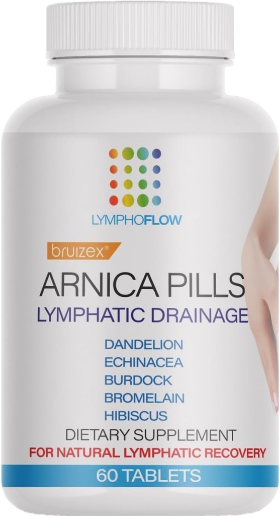 Bruizex Arnica Pills post-chirurgie récupération pour les ecchymoses, gonflements et drainage lymphatique, lipedème, lymphoedème et BBL, traitement de fibrose, utilisation avec outil de masseur, huile de massage et lipofoam, 60 comprimés