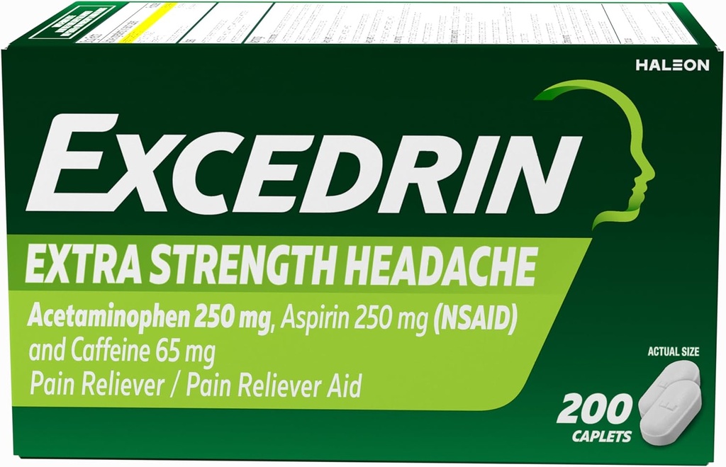 Excédrine Caplets de soulagement de la douleur pour soulager les maux de tête, acétaminophène 250mg, aspirine 250mg, caféine 65mg, analgésique, 200 Compte