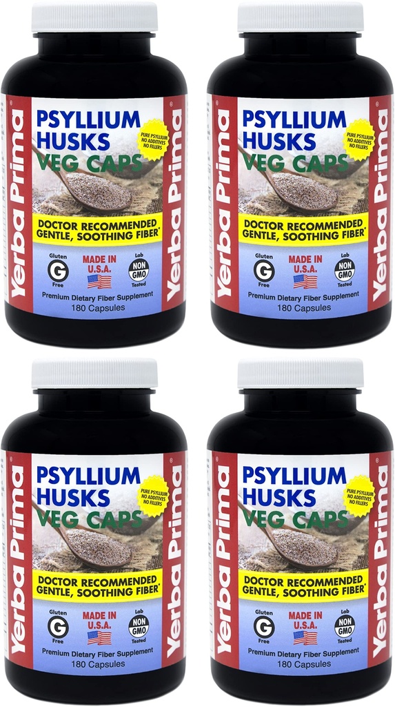 Yerba Prima Psyllium Husks Veg Caps - 180 Tellen (pakket van 4) - Vegan, Non-GMO, Glutenvrij, Colon Cleanser, Dagelijks vezelsupplement voor Gut Health & Regularity