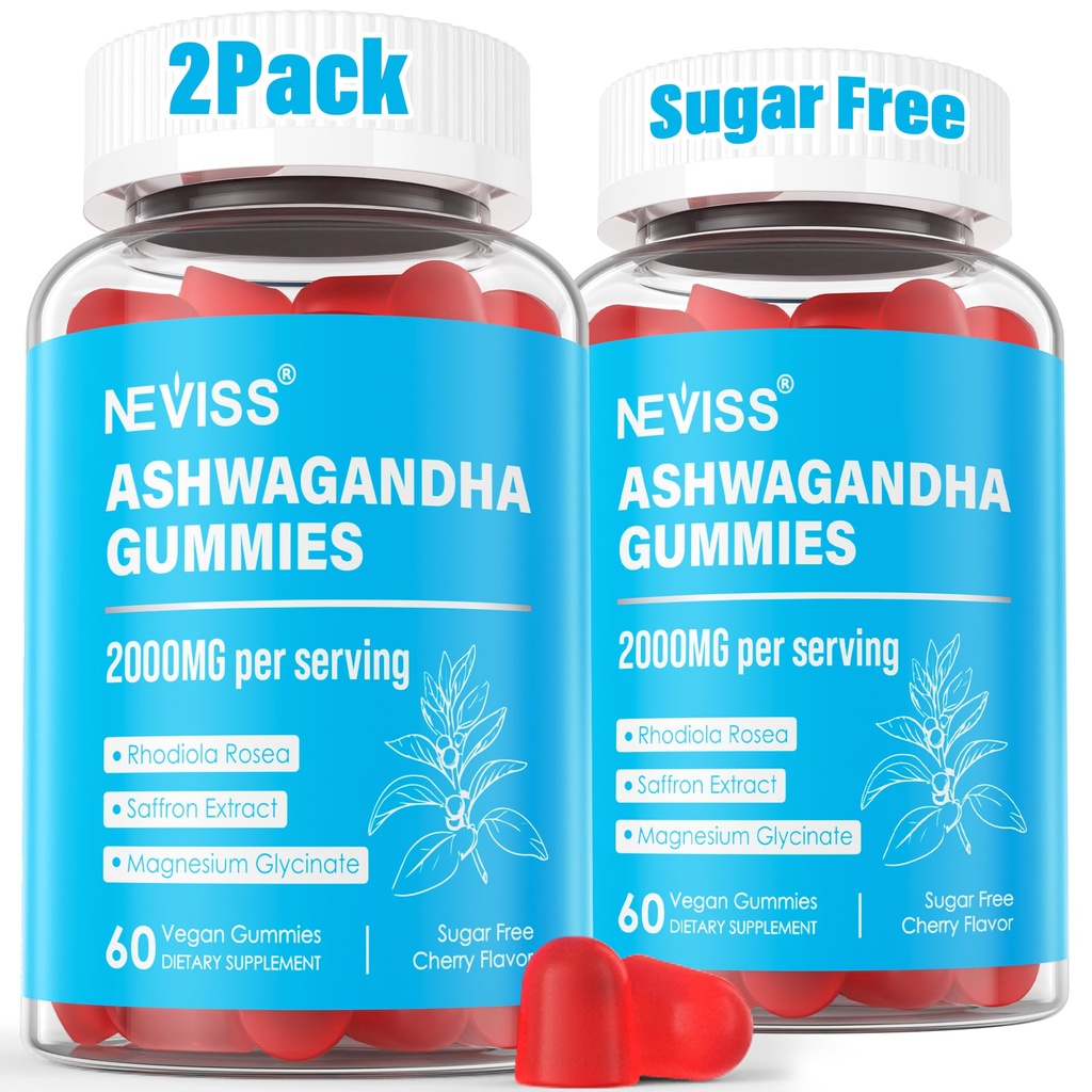 Ashwagandha Gummies, Magnesium Glycinate Gummies 2000mg voor volwassenen, vitamine B6, zink, Rhodiola Rosea, citroenbalsem, ontspannen ondersteuning, natuurlijke Zzz, hersenen, spier, uithoudingsvermogen, energie, suikervrij