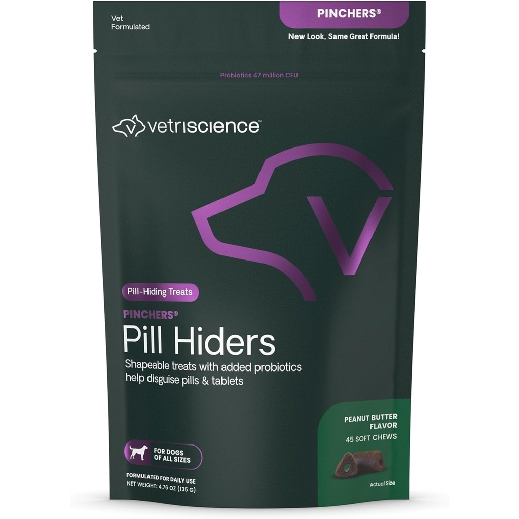 VETRISCIENCE Pinchers Pill Verbergt Kauwen, Niet-Greasy Pill Wrap met Probiotica voor honden, vermom kleine pillen, capsules en tabletten, zacht en Chewy, Gut en Immune Ondersteuning, Pindakaas, 45 Tellen