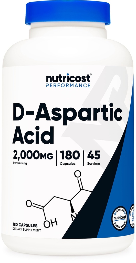 Acide D-Aspartique Nutricost (AAA) Capsules 2000mg par portion (180 Capsules) - Supplément non-OGM