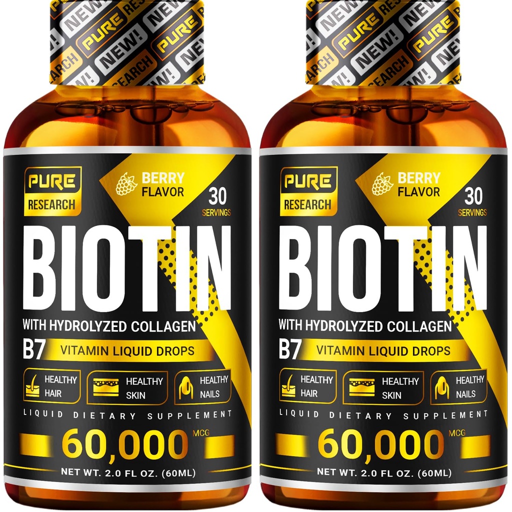 PURE ONDERZOEK Biotine & Collagen 60.000mcg Haargroei Liquid Drops, Ondersteunt: Sterke Nagels, gloeiende huid, gezonde haargroei, meer Absorptie dan Capsules & pillen (4Fl Oz)