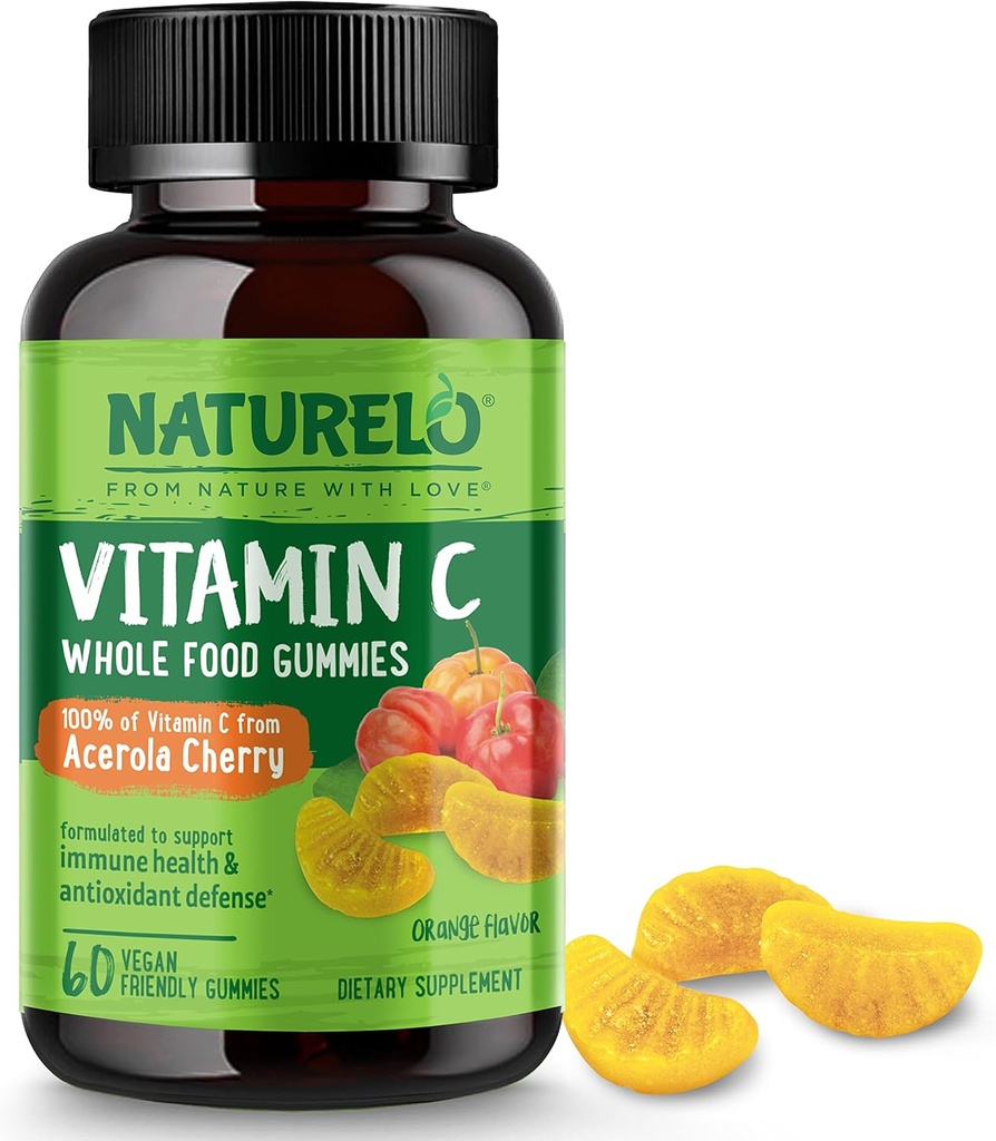 NATURELO Whole Food Vitamine C Gummies, Vitamine C van Acerola Cherry, Plant Based Supplement, 60 Vegan-Friendly Gummies