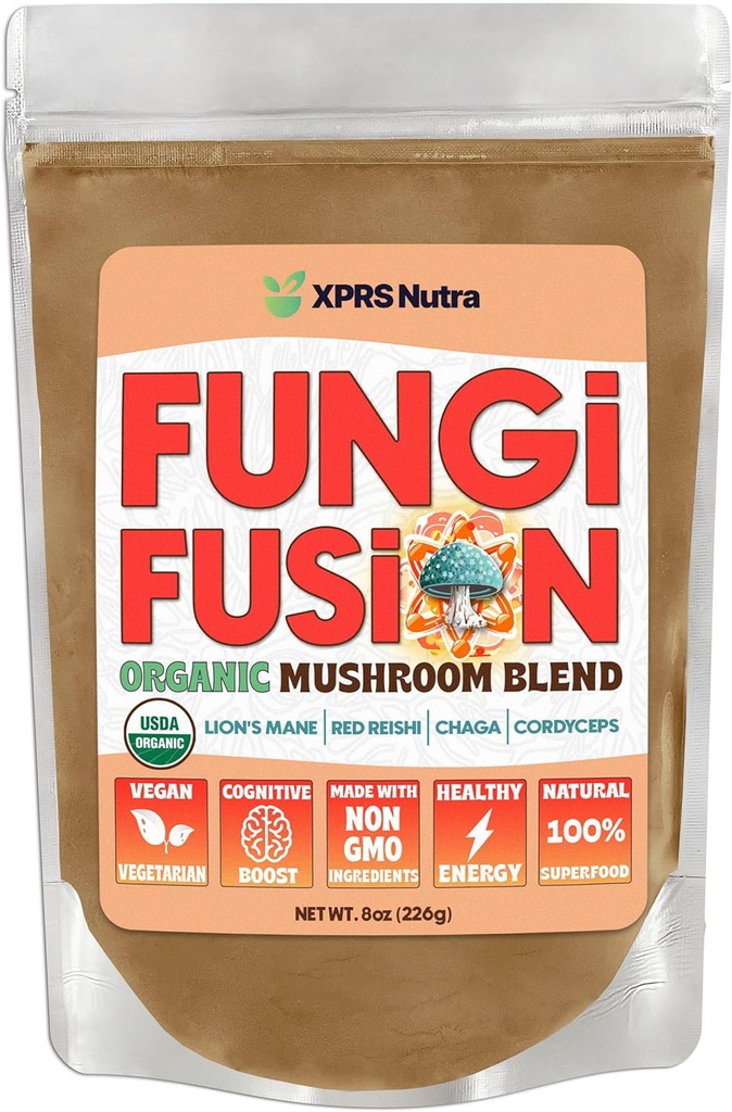 XPRS Nutra Fungi Fusion Mélange de poudre de champignons organiques, mélange Premium de Lion's Mane, Reishi, Chaga, Cordyceps pour la clarté mentale, la cognition, l'énergie et l'immunité - 8 Once