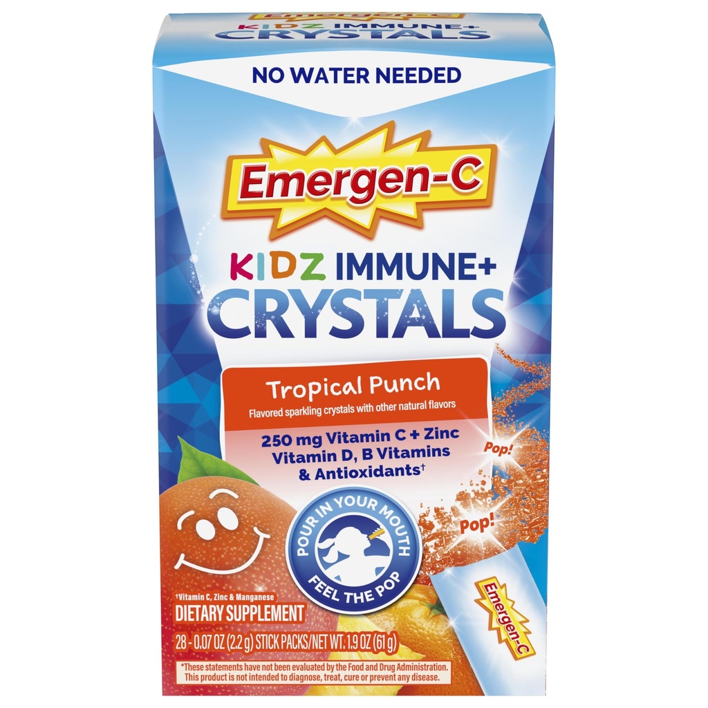 Emergen-C Kidz Immune Plus Crystals, On-The-Go Immune Support Supplement met Vitamine C, Vitamine D, B Vitaminen, Zink en Mangaan, Tropische Punch, Terug naar School Essentials - 28 Stick Packs