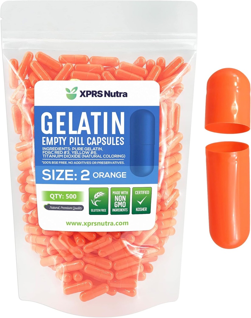 XPRS Nutra Taille 2 Capsules vides - 500 Compte Capsules de gélatine vides - Pills Bricolage Capsule Remplissage - Pure Pilule Gel Caps pour Do-It-Youlf Suppléments (Orange)