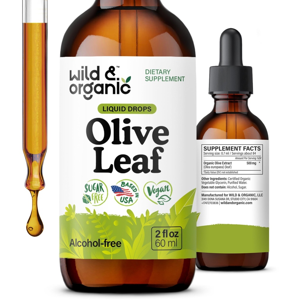 Wild & Organic Olive Leaf Extract Liquid Drops - Antioxidant & Immune Support - Oleuropein Olive Leaf Supplement - Vegan, Sugar & Alcohol-Free Drops - 2 fl.