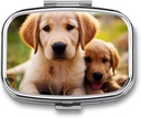 Leuke Golden Retriever Puppy Pill Box 2 Compartiment Portable Pill Case Daily Square Pill Organizer voor Pocket Purse Dagelijkse geneeskunde Container om vitamines Visolie reizen Giften