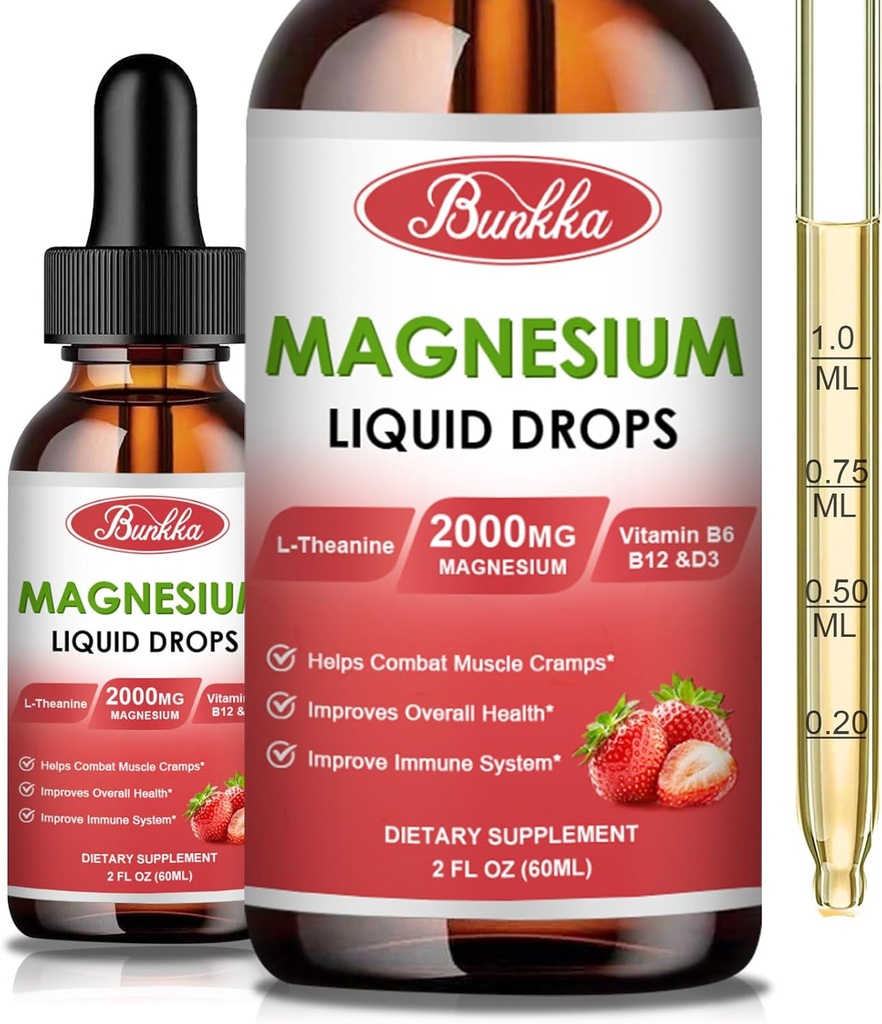 (2 Pack) Supplément de glycinate de magnésium 500mg, gouttes liquides de glycinate de magnésium avec du malate de magnésium, du taurate, du citrate et du zinc de calcium, supplément de magnésium pour le sleep&Stress Relief-Strawberry