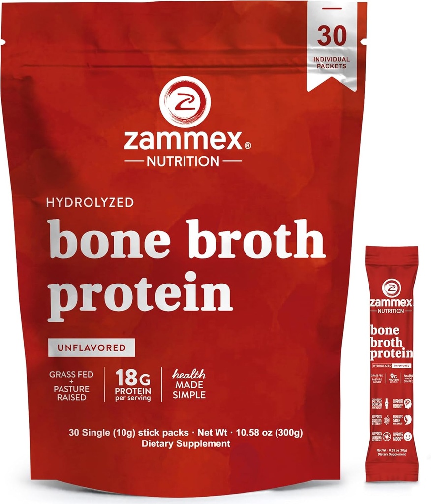 Zammex Bone Broth Collagen Packets-20g Collagen Protein-Bone Broth Poudre pour Go-30 Packets de voyage-supporte les articulations des ongles de peau, Gut Health