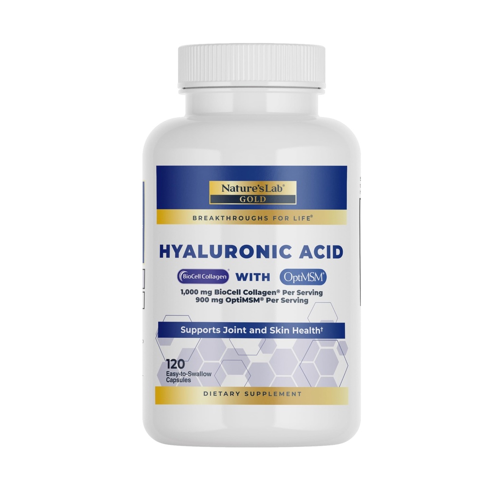 Nature's Lab Hyaluronic Acid with Biocell Collageen and MSM - Skin Hydration, Joint Health - 120 Capsules (40 Day Supply)