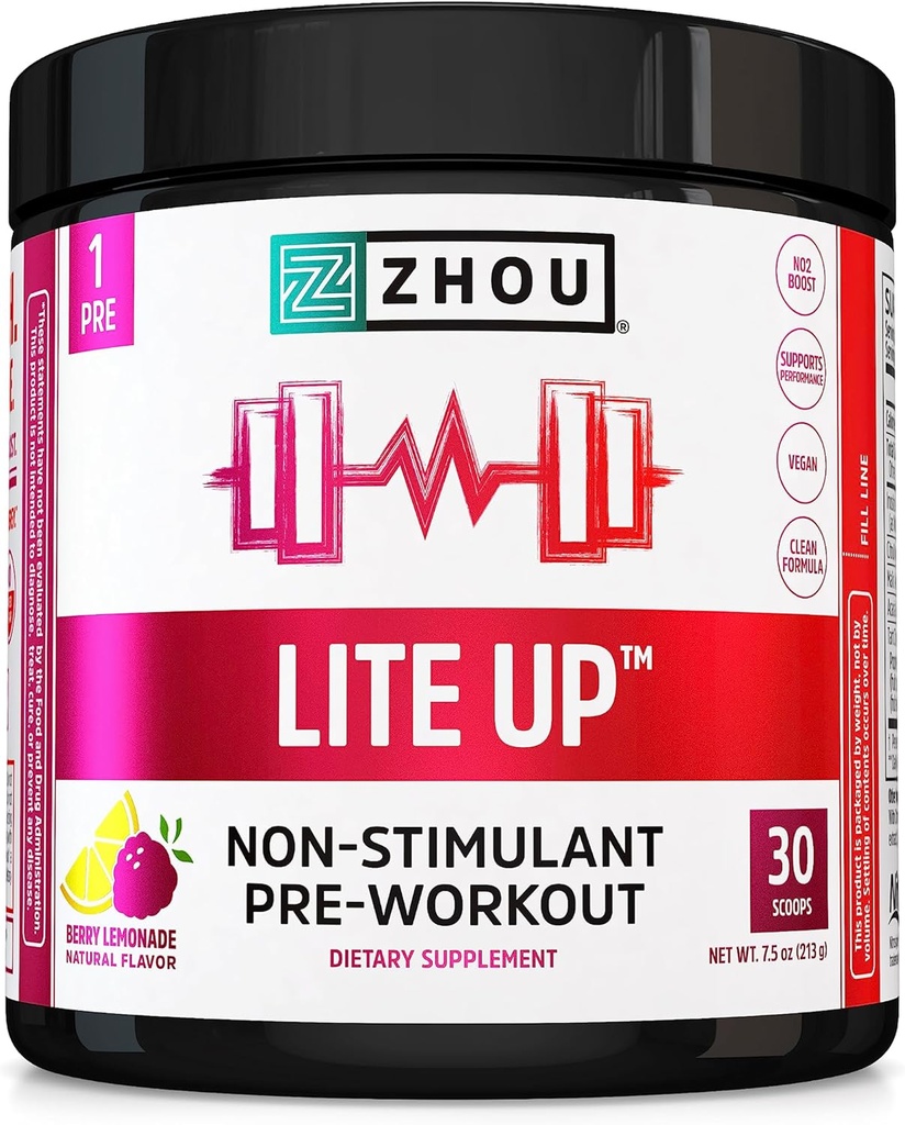 Zhou Lite Up - Poudre non stim, supplément sans oxyde nitrique Stim pour les hommes et les femmes, Boost sans caféine, formule propre - Berry Lemonade Flavor, 7,5 oz Jar (30 scoops)