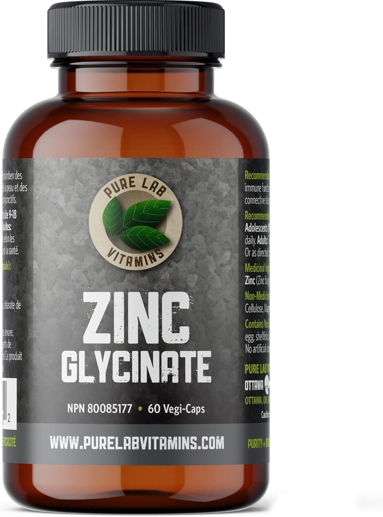 Zink Glycinate 23 mg Supplement - 60 Vegan Caps by Pure Lab Vitaminen - Aminozuur Zout voor gezonde huid & Nails - Ondersteunt het immuunsysteem, Prostaat, Visie - Made in Canada