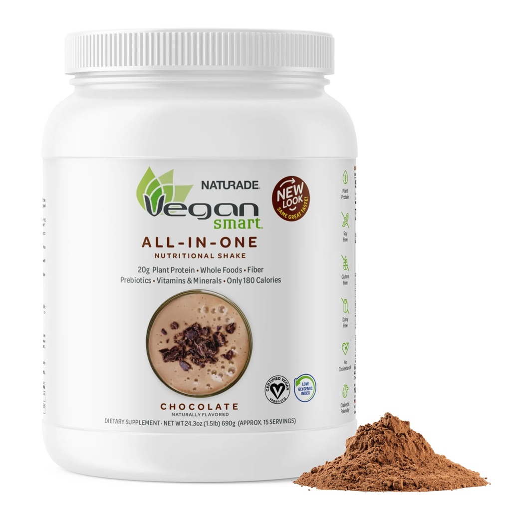 Vegansmart Naturade Poudre de protéines végétales à base de végétal - Mélange de protéines shakes alimentaires tout-en-un - Sans gluten et sans OGM - Chocolat (15 portions)