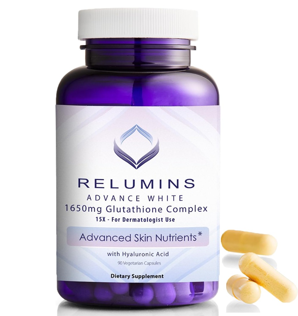 Relumines 1650mg L-Glutathione Complex met Hyaluronzuur, Alpha Lipoïne Acid, Rose HIPS, Vitamine E & Riboflavine Antioxidant Ondersteuning, Perfect voor het bereiken van een Holiday Glow, Made in USA 90 Capsules