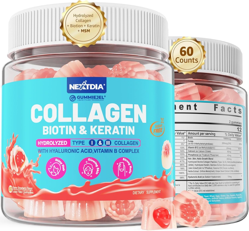 Multi Collageen Gevulde Gummies voor vrouwen Suikervrij Biotine 10000mcg, Multivitamine Hair Skin en Nails Vitaminen voor haargroei, met Gehydrolyseerde Collageen Peptide Keratine Hyaluronzuur MSM Vitamine B