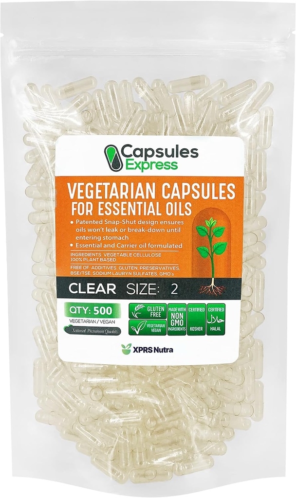 XPRS Nutra Taille 2 Capsules Vegan vides - 500 Caps Végétiques clairs pour les huiles essentielles - Capsules végétales vides pour les huiles essentielles - Remplissage de pilules bricolage