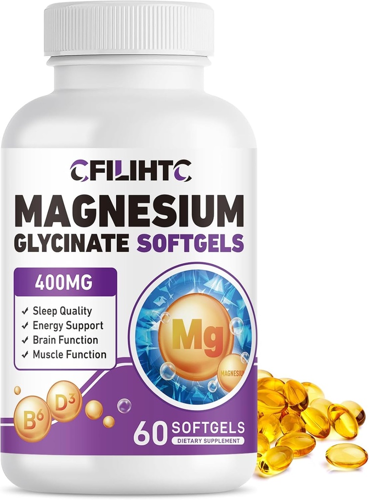 Magnésium Glycinate 400mg Softgels - Supplément Magnésium Glycinate à haute absorption pour adultes et enfants avec vitamine B6 & D3 - Soutien sommeil, humeur, cerveau, nervosité, muscles et os santé - 60 Softgels