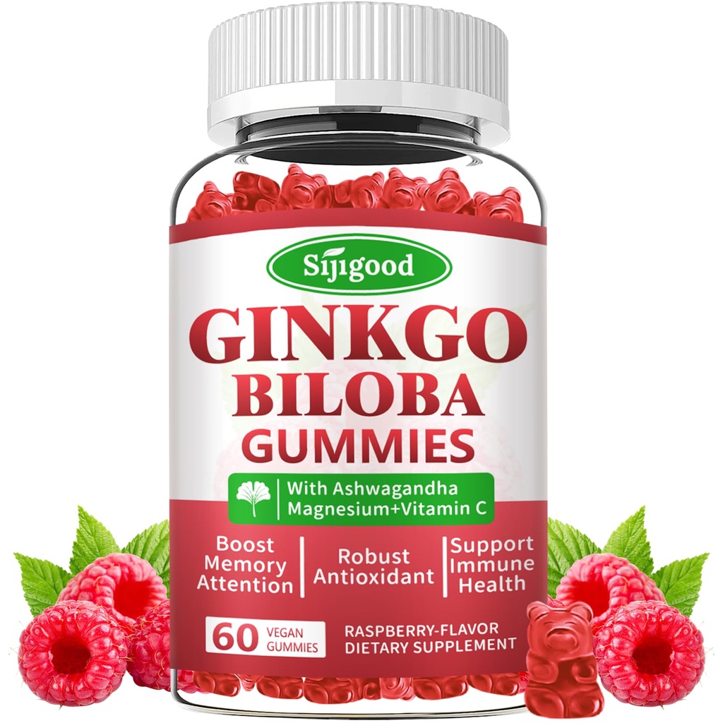 Ginkgo Biloba Gummies met Panax Ginseng en Magnesium, Ginkgo Biloba Supplementen voor Focus, Geheugen, en Brain Health voor volwassenen en kinderen, Vegan Raspberry Flavor Gummies, 60 Tellen
