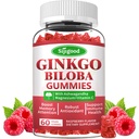 Ginkgo Biloba Gummies avec Panax Ginseng et Magnésium, Ginkgo Biloba Suppléments pour la concentration, la mémoire et la santé cérébrale pour les adultes et les enfants, Vegan Raspberry Flamvor Gummies, 60 Comte