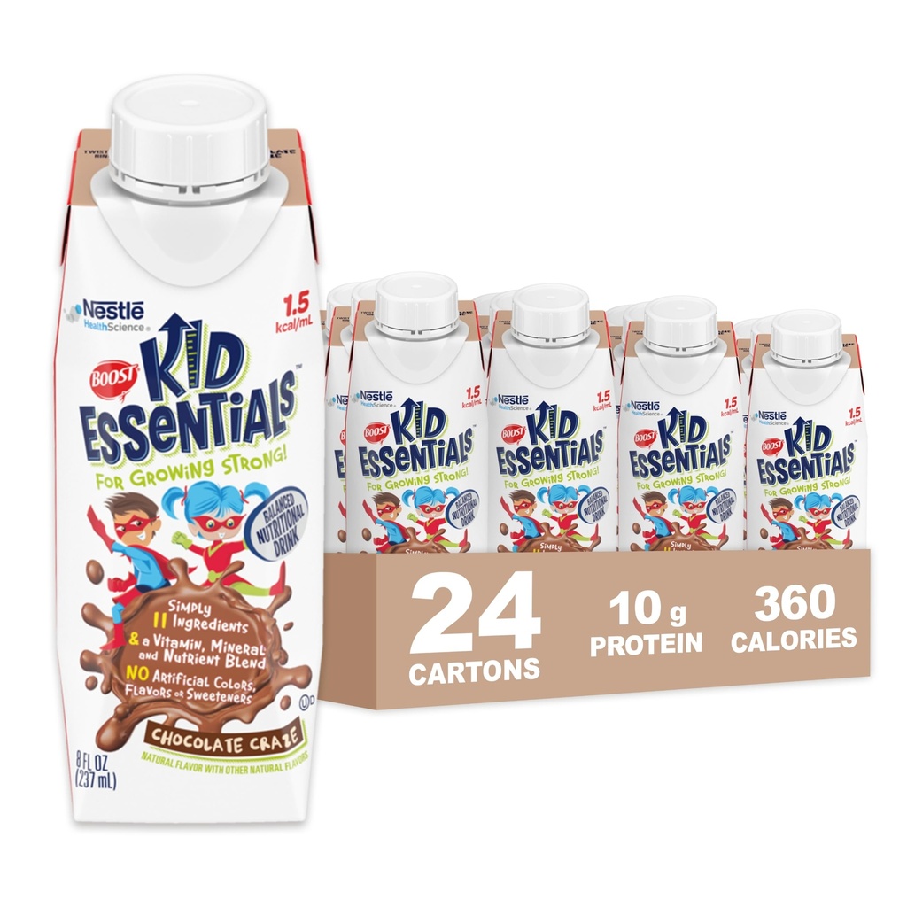 BOOST KID ESSENTIALS (1,5 kcal/ml) Chocolade Craze Voedingsdrank, 10g eiwit, vitamine C, D, B12 en zink, 8 Fl Oz (verpakking van 24)
