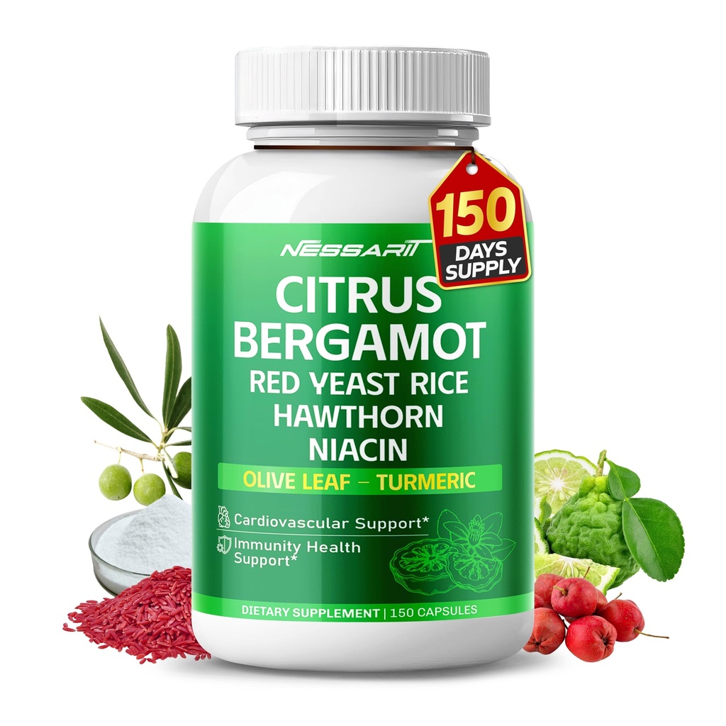 Supplément d'agrumes Bergamote - 15-en-1 Mélange naturel avec le riz rouge de levure Hawthorn Olive Leaf Odorless Ail Turcumar Ginger Fenugreek - 150 Compte - Fabriqué et testé aux États-Unis