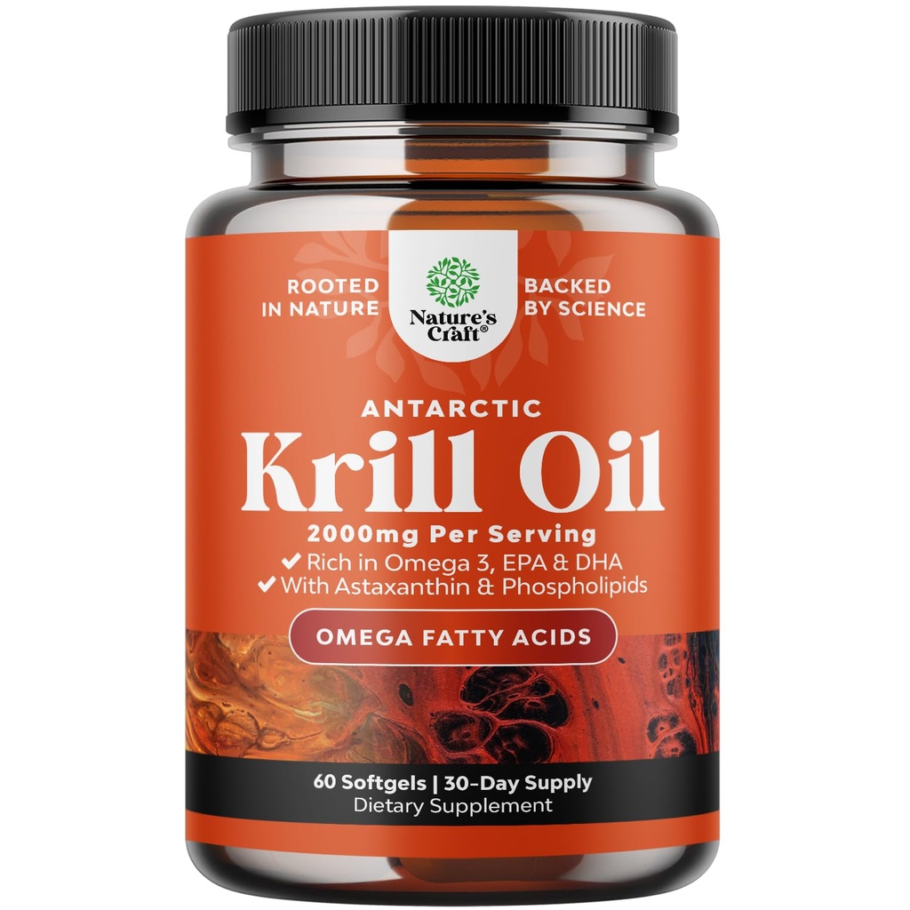 Huile de krill antarctique 2000mg Softgels par portion - supplément d'huile de krill oméga 3 avec EPA DHA & Astaxanthin (60 Nombre (paquet de 1)