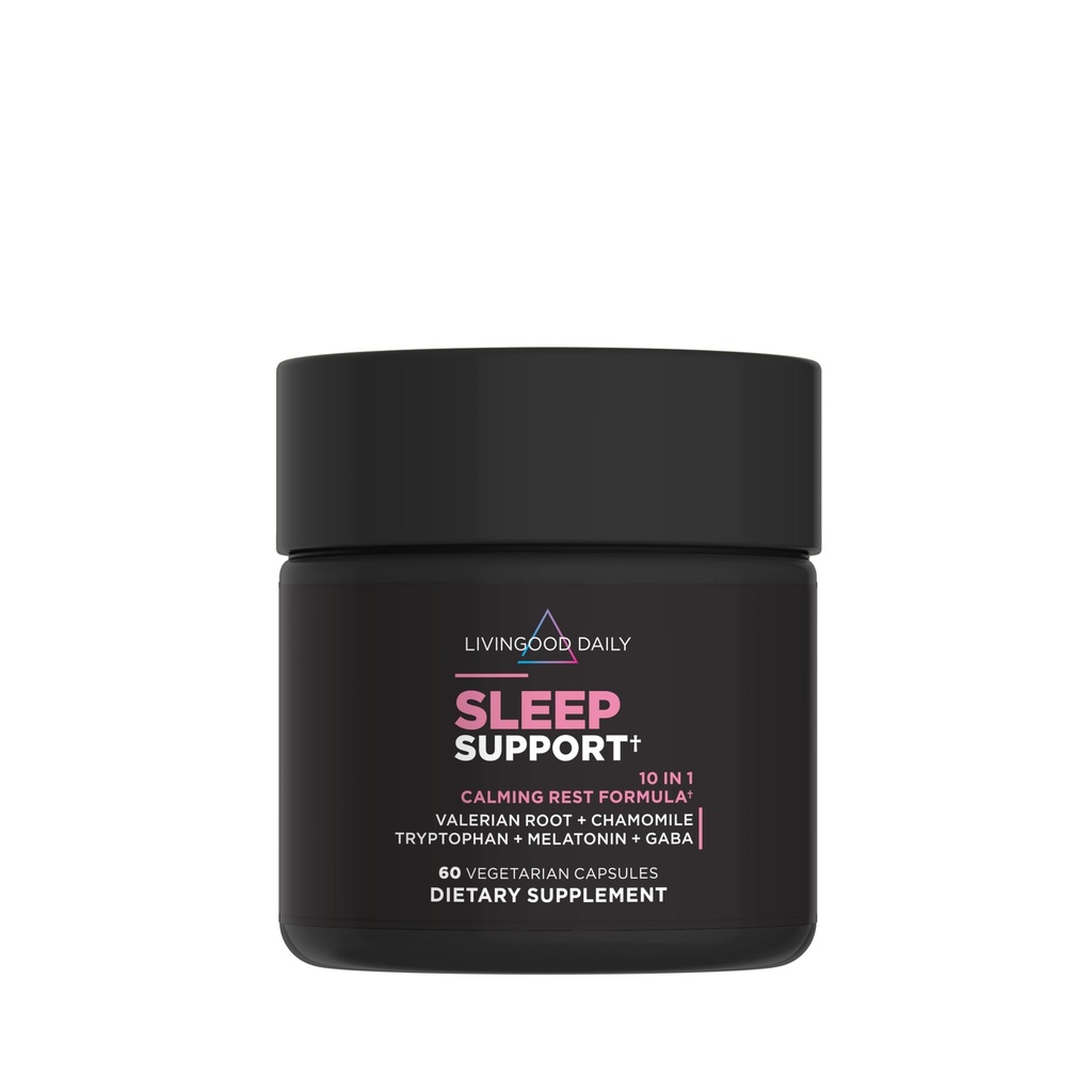 Livingood Daily Sleep Support Supplement, 10-in-1 natuurlijke slaaphulp met 5 MG Melatonine, Valeriaanwortel, kamille, Tryptofaan & GABA voor mannen en vrouwen, Non Habit Forming, Glutenvrij, Veganistisch, 60 capsules