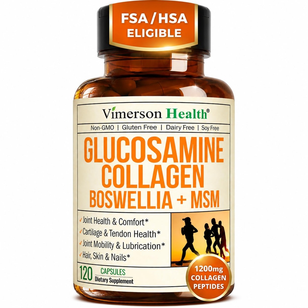 Glucosamine Chondroitin MSM met Gehydrolyseerde Collageen Peptiden - Gezamenlijke ondersteuning Supplement met Quercetin, Bromelain & Boswellia Extract - Collageen pillen voor haarhuid Nails - FSA in aanmerking komende 120 Caps