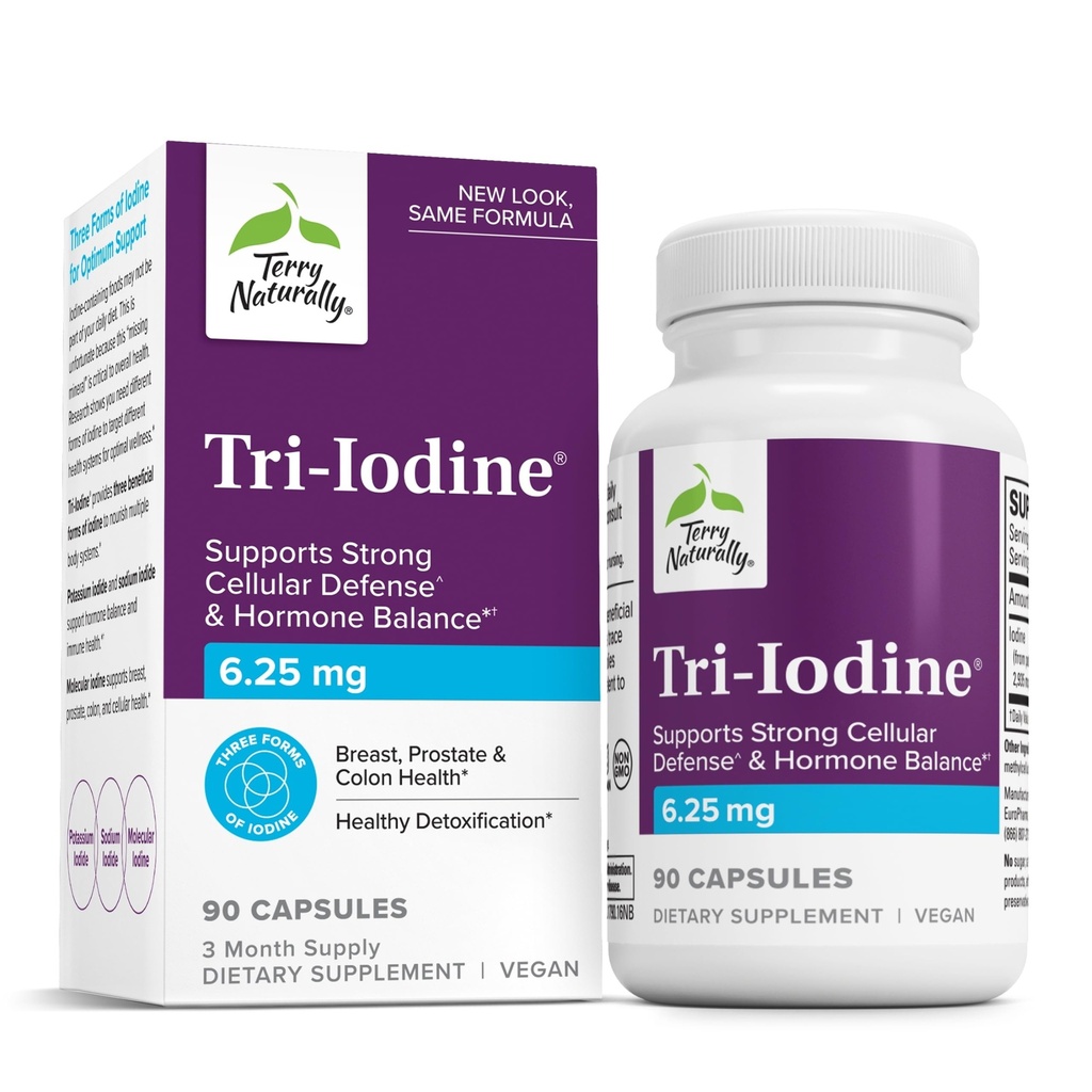 Terry Natuurlijk Tri-Jodine - Ondersteuning Thyroid Health - Aids Hormone Balance with Molecular Iodine from Kelp - Kenmerken Kaliumjodide & Sodium Iodide - Hersenen & Energie Ondersteuning - 6,25mg, 90 Capsules