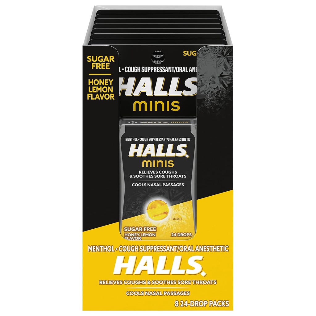HALLS Minis Honey Lemon Flavor Sugar Free Cough Drops, 8 Packs of 24 Drops (192 Drops Totaal)