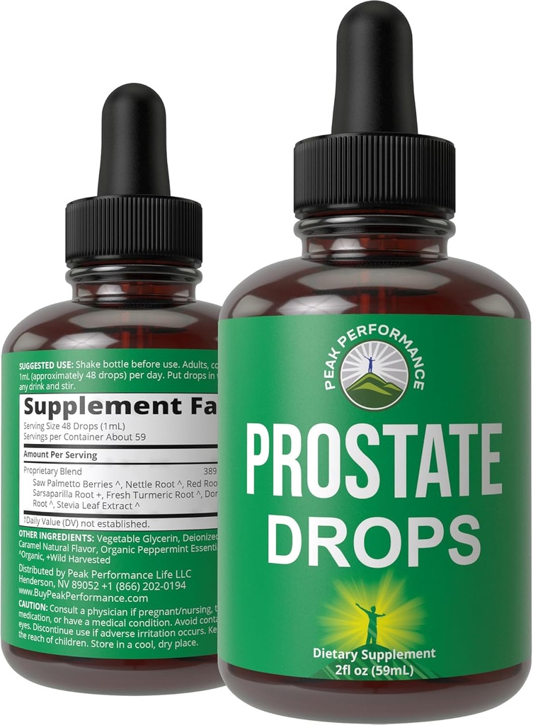 Prostaat Ondersteuning Supplement voor mannen gezondheid. Vegan Kosher Prostate Health Liquid Drops met biologische Saw Palmetto, Nettle, Kurkuma, Pepermunt, Wild Sarsaparilla + Red Root