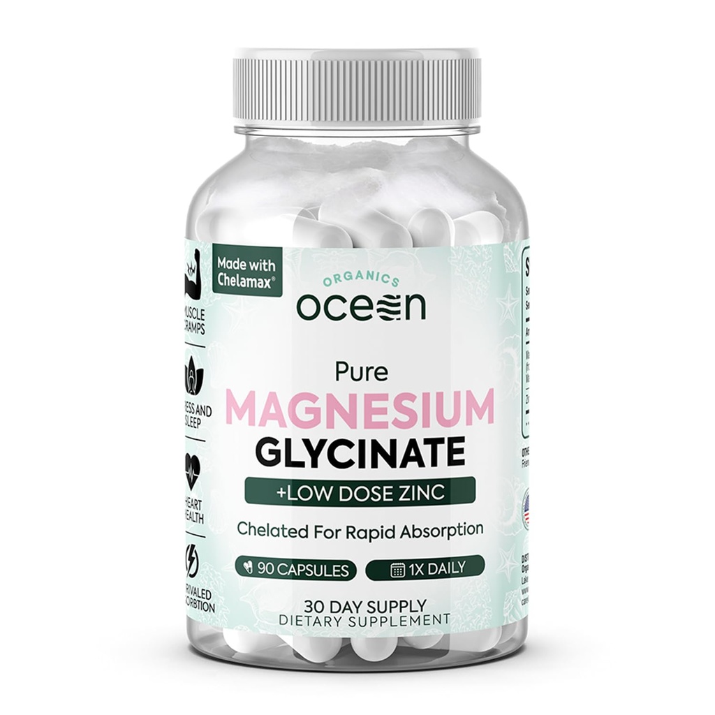 Organics Ocean Pure Magnesium Glycinate met zink - Maximale sterkte chelated Magnesium Supplement voor vrouwen en mannen voor spierkrampen en slaapondersteuning - 90 Capsule