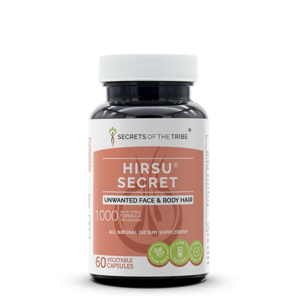 Hirsu Secret 60 Capsules, 1000 mg, Saw Palmetto, Black Cohosh, Vitex, Spearmint, Lavande, Thé Vert. Non désiré visage et cheveux du corps (60 Capsules)
