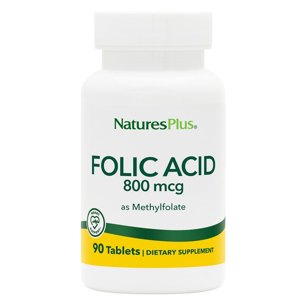 Natures Plus Folic Acid (Methylfolaat) - 800 mcg, 90 Vegan tabletten - Ondersteunt gezonde weefselgroei - Vegetarisch, Glutenvrij - 90 porties