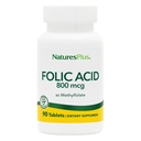 Natures Plus Folic Acid (Methylfolaat) - 800 mcg, 90 Vegan tabletten - Ondersteunt gezonde weefselgroei - Vegetarisch, Glutenvrij - 90 porties