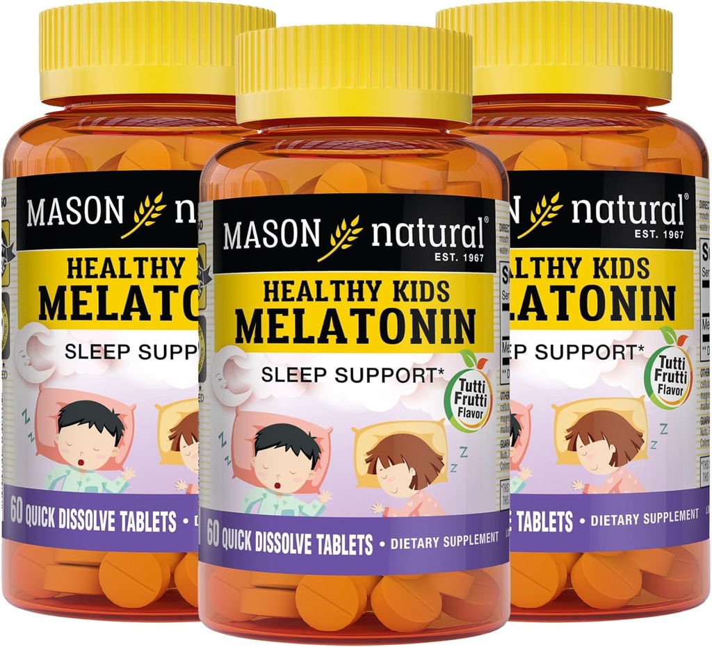 MASON NATUURLIJKE GEZONDE Kids Melatonine, voor kinderen, Ondersteunt een gezonde slaap, snelle acting, fruit smaak, 60 Quick Solution Tablets (pakket van 3)