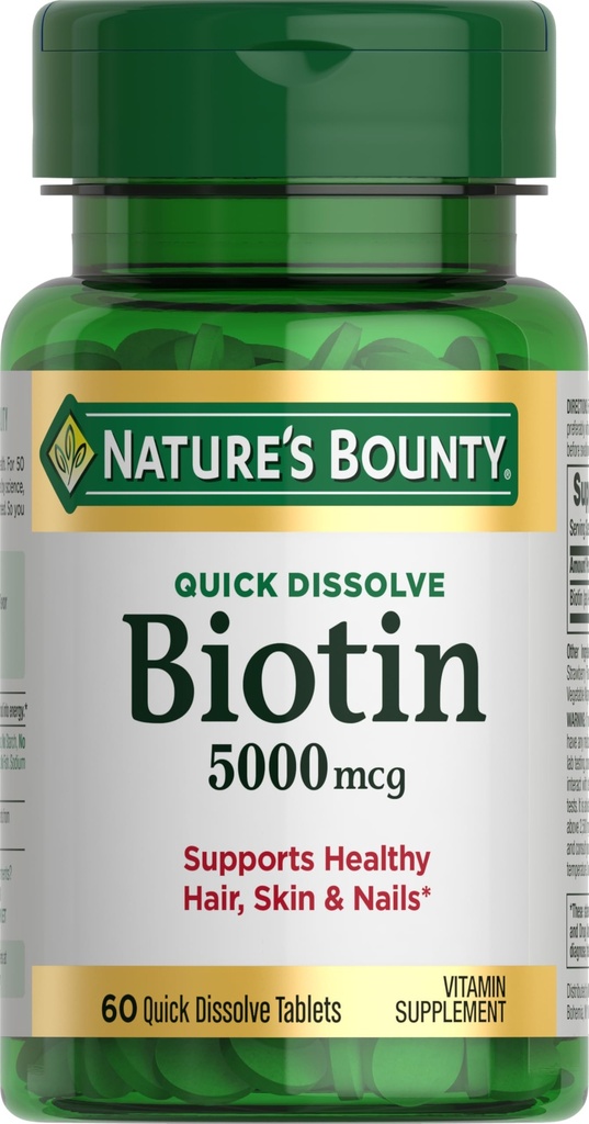 Biotine Bounty de la nature, soutient le métabolisme pour l'énergie cellulaire et les cheveux sains, la peau, et les ongles, 5000 mcg, 60 comprimés à dissolver rapidement