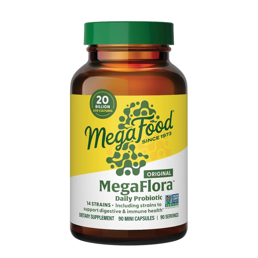 MegaFood MegaFlora Probiotique - Probiotiques pour les femmes santé digestive - Supplément de soutien immunitaire - 20 milliards CFU - 14 souches - non-OGM - Végétarien - 90 Mini Capsules (90 portions)