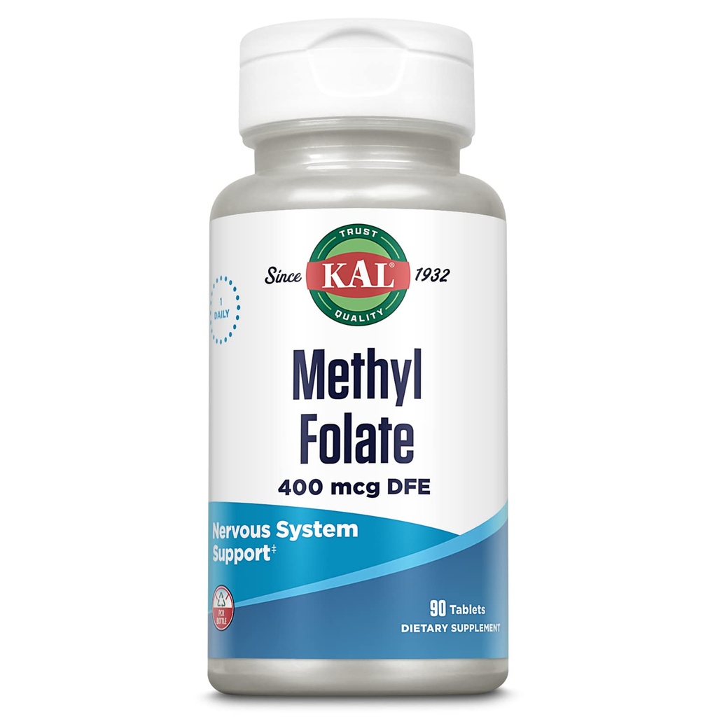 KAL Methylfolaat 400 mcg DFE, 5-MTHF Active Form Vitamine B9, Foliumzuursupplement, Hartgezondheid, Prenatale, Mood en Hersenondersteuning, Fast Dissolving ActivTab, 60 dagen garantie, 90 porties, 90 tabletten