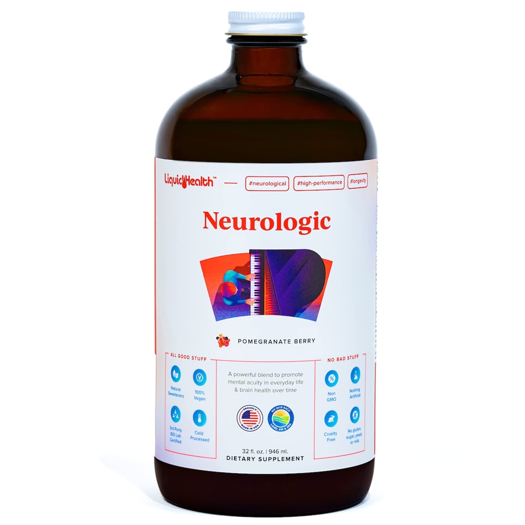 LIQUIDHEALTH Supplément de focale neurologique - Supplément nootrope boosteur de cerveau pour la fonction cognitive, la mémoire et le focus avec Ginkgo Biloba, Choline, L-Theanine et Phosphatidylsérine - USA Made (32 oz)