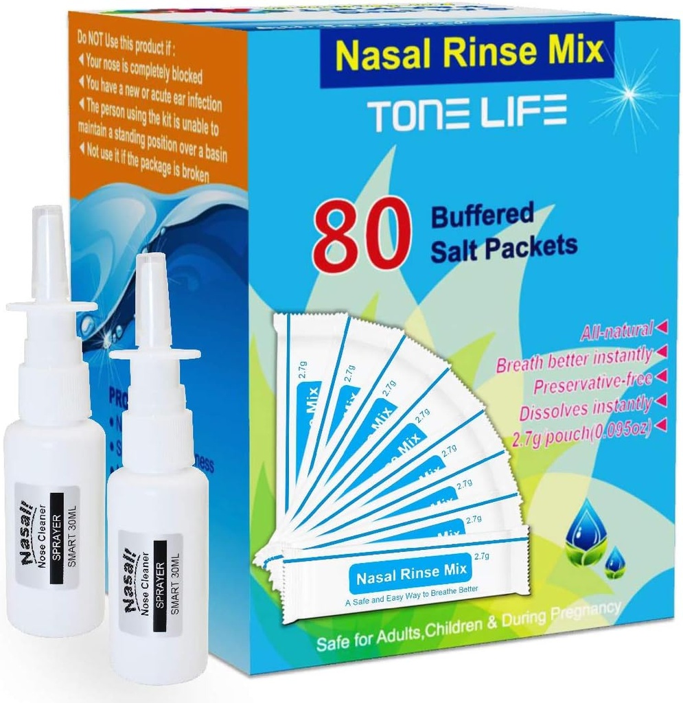 TONELIFE 80 Compte Saline Nasal Care Recharges +2 Nasal Sprayer - Nasal Salt 2.7g Chaque trousse de recharge de la pochette 80 Packs de sel tamponnés pour 300ml 500ml Sinus Rinse Kit-Nose Cleaner-Nasal Wash Bouteille