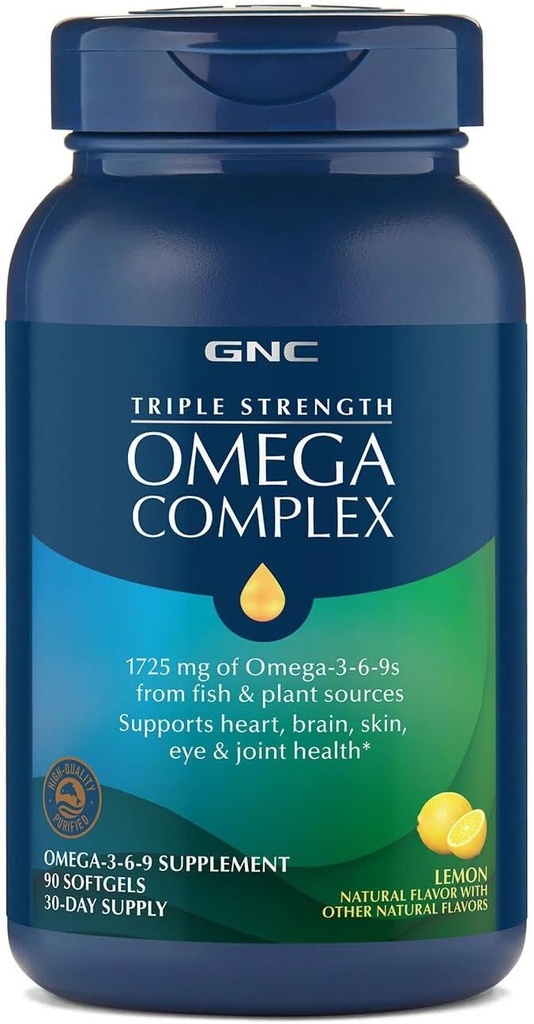 GNC Triple Strength Omega Complex Omega 3, 6, 9 Supplement, 1725mg, citroensmaak, Ondersteunt hart, hersenen, huid, oog en Joint Health, 90 Softgels