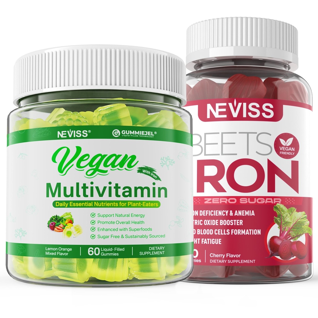Gommies de fer végétalien avec multivitamine végétalienne pour les femmes hommes avec le fer, vitamine B12, A, D3, K2, Algae Omega 3, Magnésium, Zinc