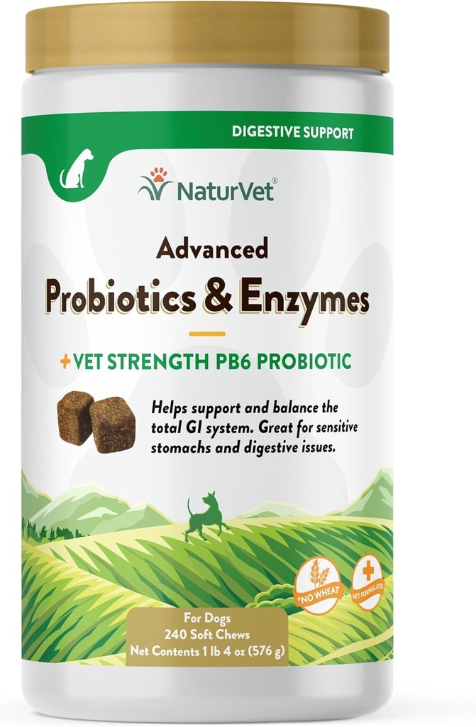 NaturVet Probiotiques et enzymes avancés, PB6 Chien Mâches molles pour aider les ventres sensibles et les problèmes digestifs, Hickory fumé Bacon supplément d'animaux de compagnie aromatisés pour chiens sur 6 semaines, 240 Comte Jar