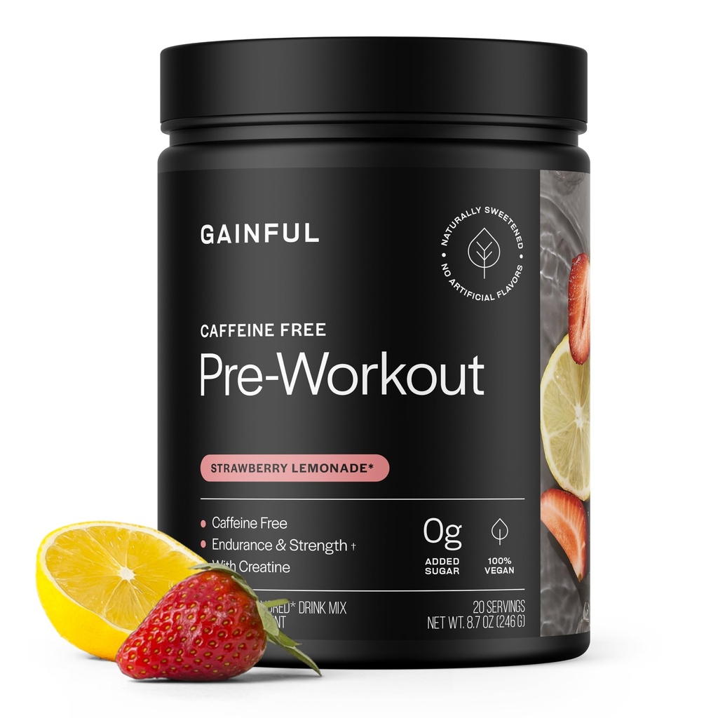 Gewinvolle Cafeïne Gratis pre-workout poeder met Creatine, Aardbei Limonade smaak, Ondersteunt sterkte, endurance, & Recovery, BCAA's, Beta Alanine, L-Citrulline, Geen kunstmatige ingrediënten, 20 porties
